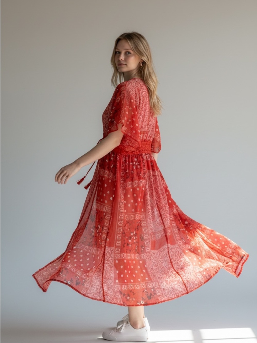 FANCYINN Red Printed Sheer Lace Beach Cover-Up Kimono | Size M